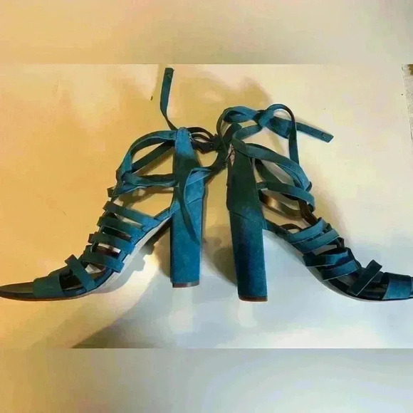 Sam Edelman Teal Blue Leather Strappy Chunky Heel, Size 8 - Picture 3 of 11